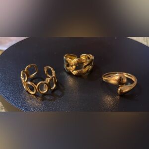 3 pc Stainless Steel Rings Set With Gold Plated, Adjustable Open Cuff